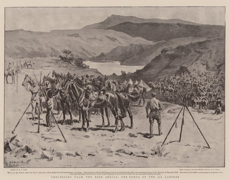 Schuilen voor de Boeren Granaten, de Donga van de 5e Lancers door S.T. Dadd