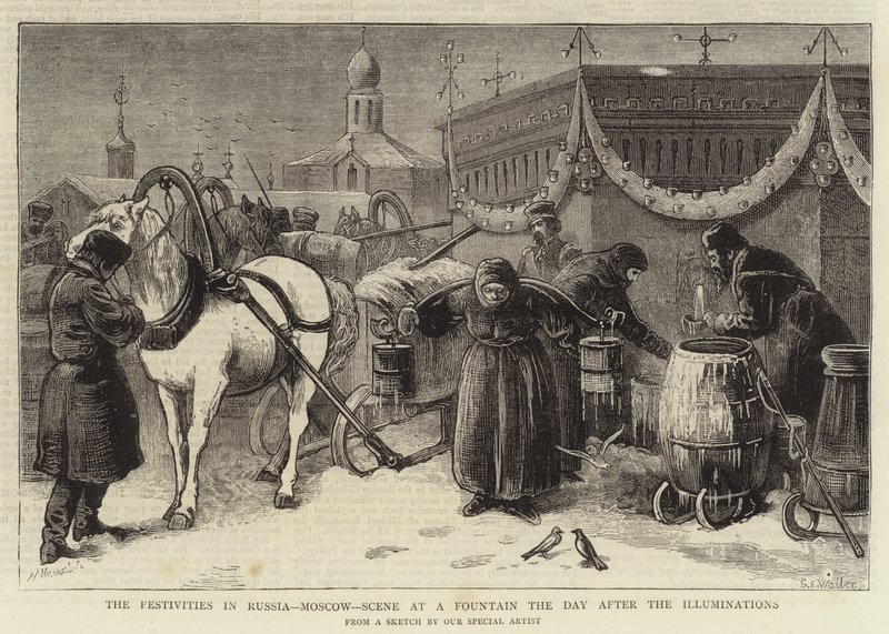 De festiviteiten in Rusland, Moskou, scène bij een fontein de dag na de verlichting door Samuel Edmund Waller