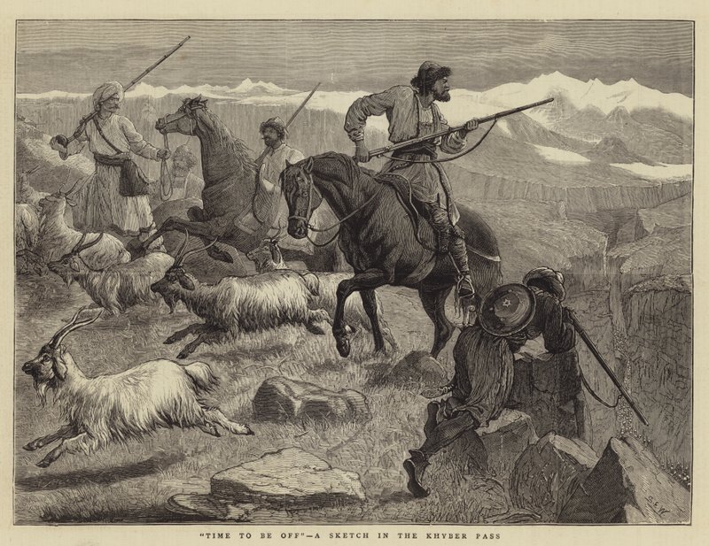 Tijd om te vertrekken, een schets in de Khyber Pass door Samuel Edmund Waller