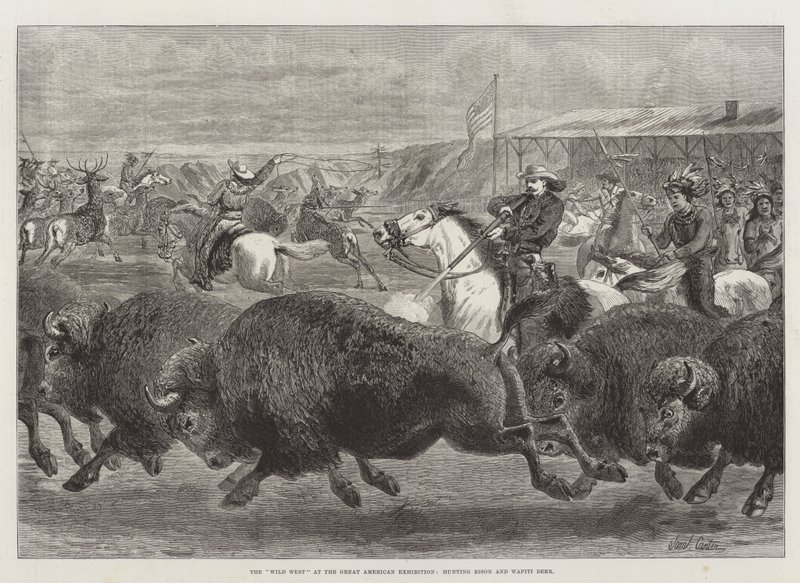 Het Wilde Westen op de Grote Amerikaanse Tentoonstelling, jacht op bizons en wapitiherten door Samuel John Carter