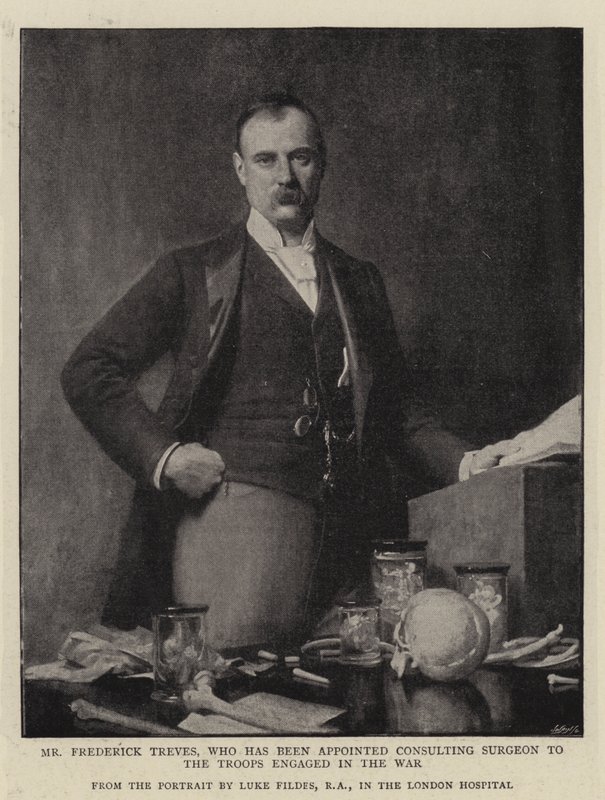 Mr Frederick Treves, die is benoemd tot adviserend chirurg voor de troepen die betrokken zijn bij de oorlog door Samuel Luke Fildes
