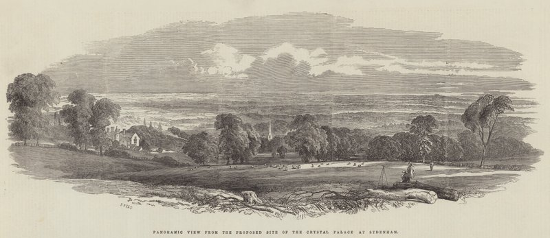 Panoramisch uitzicht vanaf de voorgestelde locatie van het Crystal Palace in Sydenham door Samuel Read