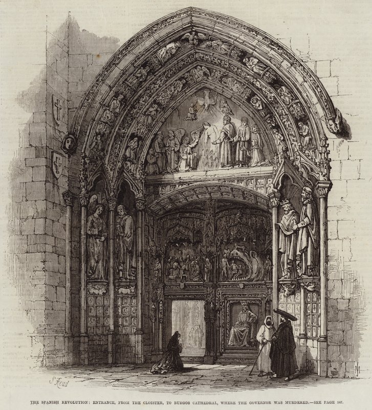 De Spaanse Revolutie, Ingang, van het Klooster, naar de Kathedraal van Burgos, waar de Gouverneur werd vermoord door Samuel Read