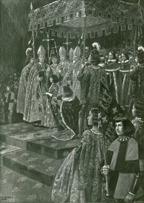 De overhandiging van de sporen en het zwaard bij de kroning van Hendrik VI (litho) door Samuel (after) Begg