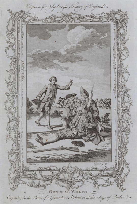 Generaal Wolfe Stervend in de Armen van een Grenadier en Vrijwilliger bij het Beleg van Quebec door Samuel (after) Wale