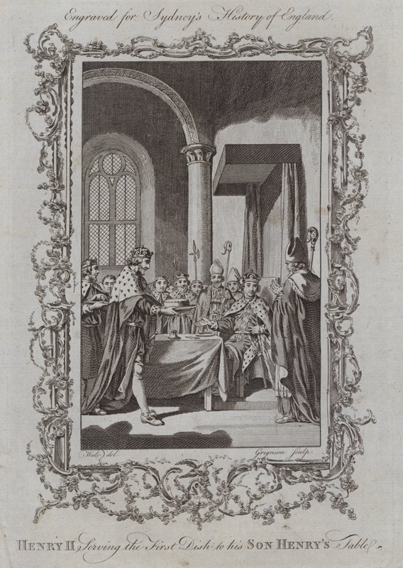 Hendrik II serveert het eerste gerecht aan de tafel van zijn zoon Hendrik door Samuel (after) Wale