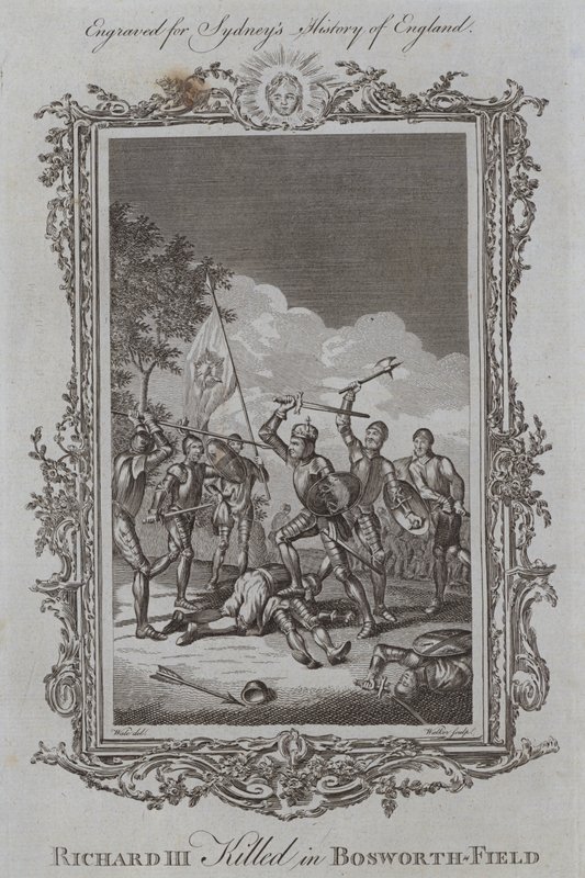 Richard III gedood in Bosworth-Field (gravure) door Samuel (after) Wale