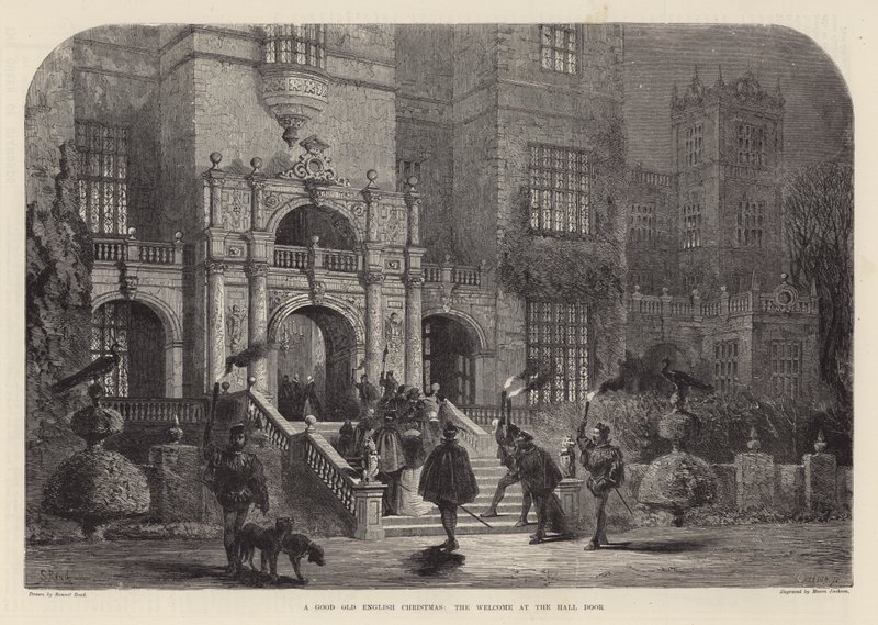 Een goed oud Engels kerstfeest: het welkom bij de haldeur (gravure) door Samuel Read
