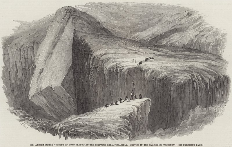 De beklimming van de Mont Blanc door de heer Albert Smith, in de Egyptian Hall, Piccadilly, spleet in de Glacier du Tacconay door Samuel Read