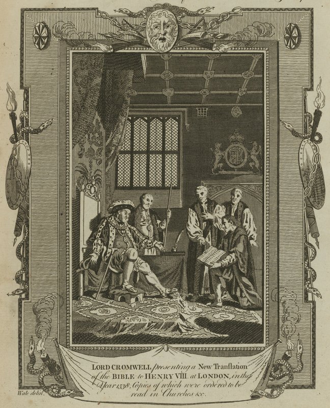 Lord Cromwell presenteert een nieuwe vertaling van de Bijbel aan koning Hendrik VIII in Londen in het jaar 1538 door Samuel Wale