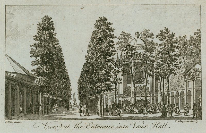 Uitzicht op de ingang van Vauxhall Gardens, Londen door Samuel Wale