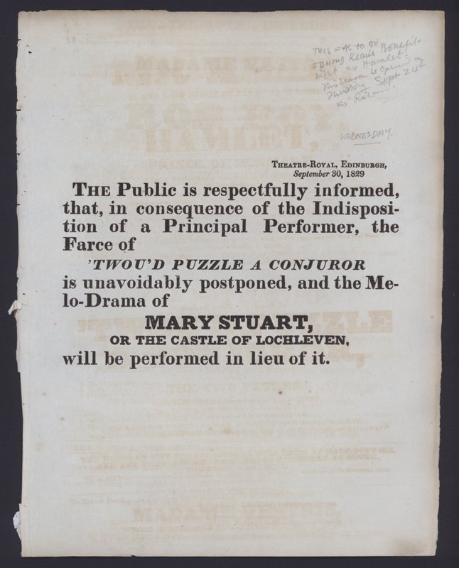 Kennisgeving van een wijziging in de aangekondigde voorstelling in het Theatre Royal, Edinburgh, 30 september 1829 door Scottish School
