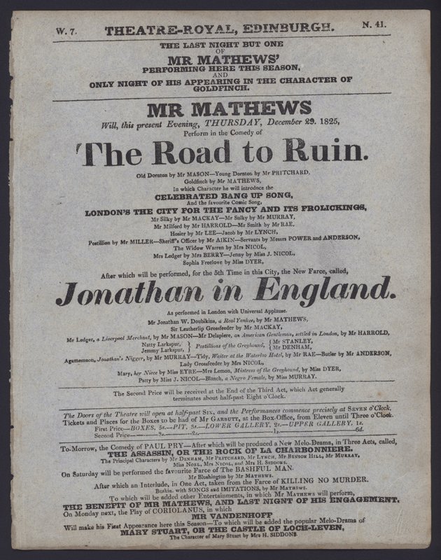 Theaterprogramma voor het Theatre Royal, Edinburgh, 29 december 1825 door Scottish School