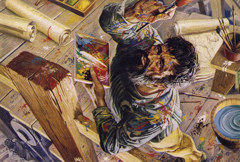 Michelangelo zwoegend aan het plafond van de Sixtijnse kapel (kleurenlitho) door Severino Baraldi
