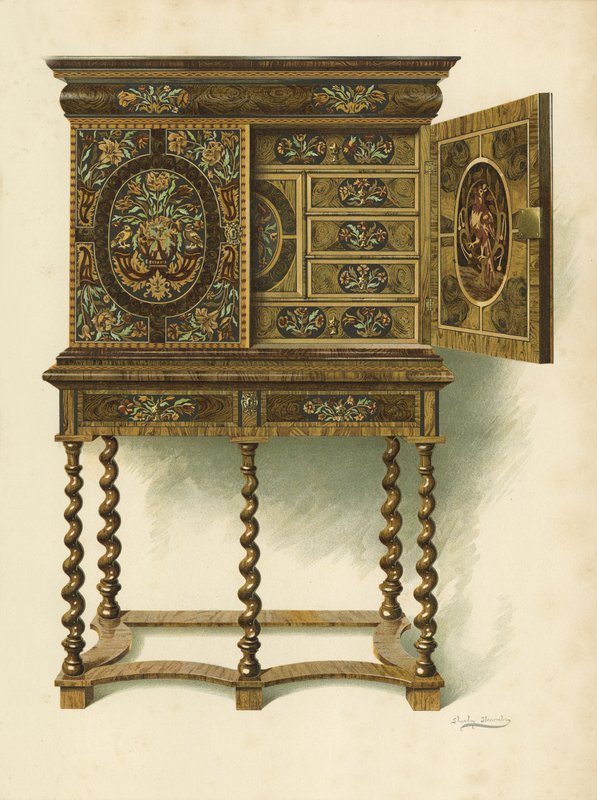 Notenhouten kast ingelegd met marqueterie, eigendom van The Hon Charlotte Maria Lady North en R Eden Dickson (chromolitho) door Shirley Charles Llewellyn Slocombe