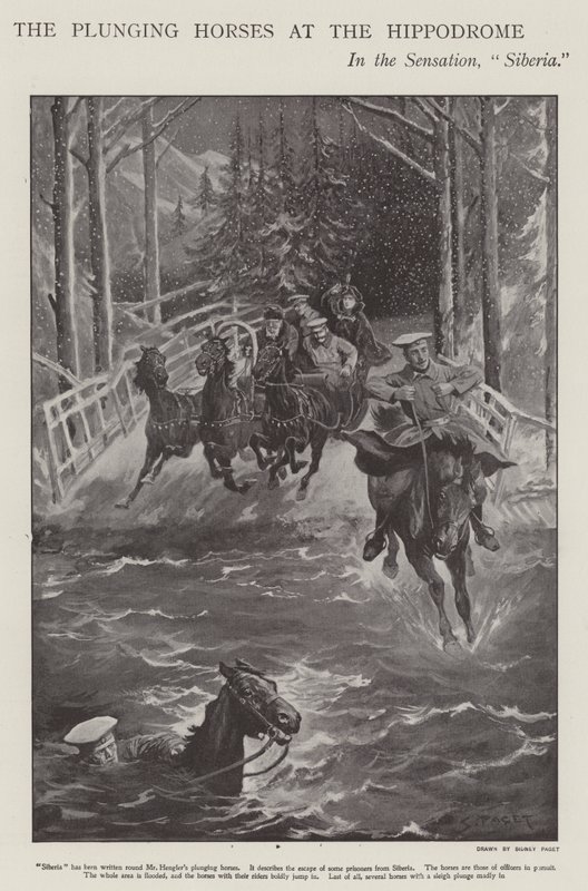 Steigerende paarden in Siberië, een voorstelling in het London Hippodrome door Sidney Paget