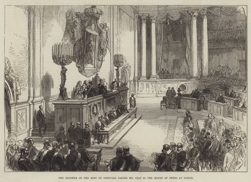 De broer van de koning van Portugal neemt plaats in het Hogerhuis in Lissabon door Sir John Charles Robinson