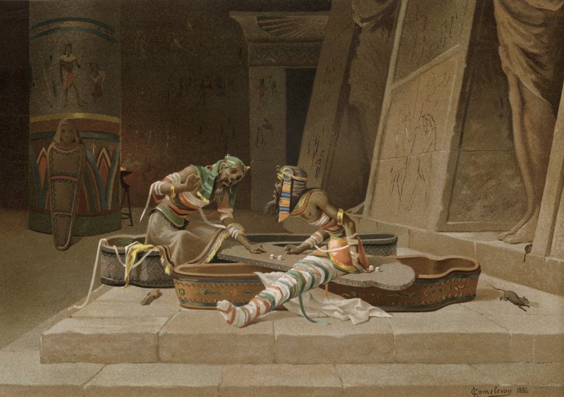 De mummies van Setna en Ptahneferka die dobbelen om het magische boek van Thoth door Spanish School
