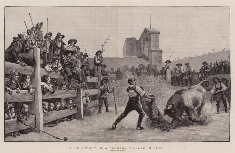 Een stierengevecht in een dorp in Spanje (gravure) door Spanish School