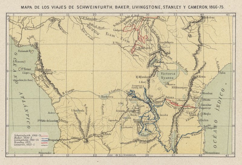 Kaart met de reizen van de ontdekkingsreizigers Georg August Schweinfurth, Samuel Baker, David Livingstone, Henry Morton Stanley en Verney Lovett Cameron in Afrika door Spanish School