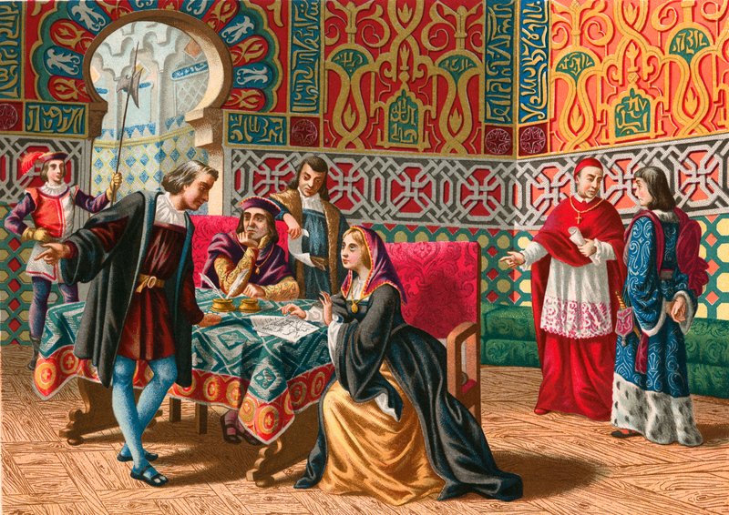Ontmoeting tussen Columbus en Ferdinand en Isabel voor de ontdekkingsreis door Spanish School