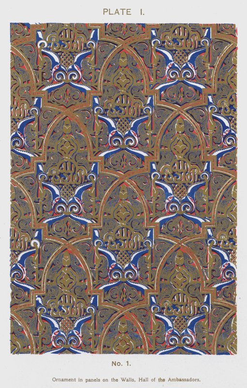 Ornament in panelen op de muren, Hal van de Ambassadeurs (kleur litho) door Spanish School