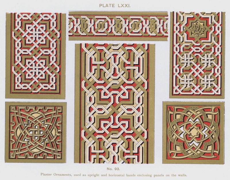 Pleisterornamenten, gebruikt als verticale en horizontale banden die panelen op de muren omsluiten (kleur litho) door Spanish School