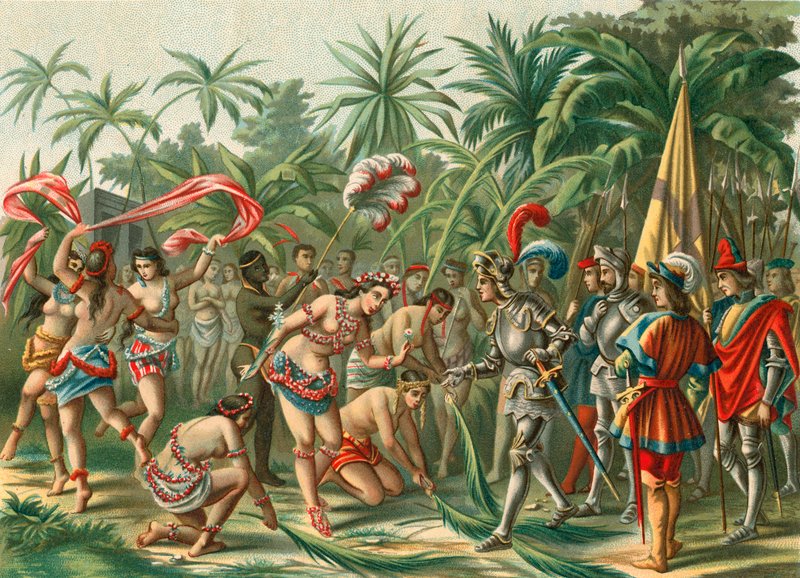 Ontvangst van Anacaona, genaamd de Gouden Bloem, op Hispaniola voor Bartholomeus Columbus en Hermano del Almirante door Spanish School