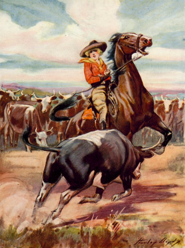 Scène uit At the Mercy of Brigands: een cowgirl te paard wordt aangevallen door een grote os (kleurenlitho) door Stanley Lloyd
