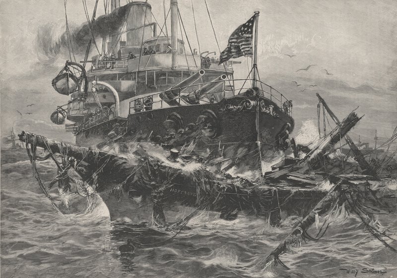 Een Amerikaans oorlogsschip vernietigt wrakken in de Atlantische Oceaan door Stoewer Willy