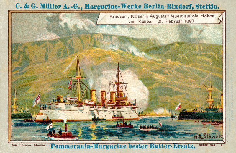 Duitse kruiser Kaiserin Augusta vuurt op de hoogten van Chania, Kreta, 21 februari 1897 door Stoewer Willy