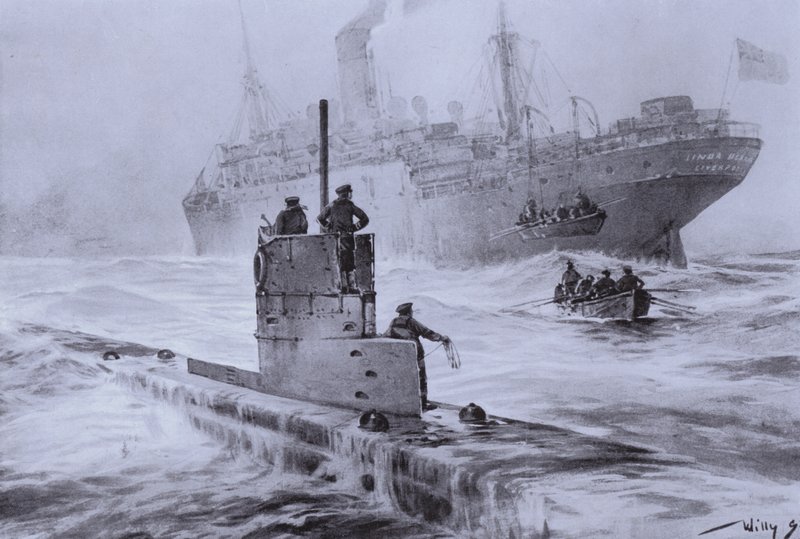 Zinken van het Britse koopvaardijschip Linda Blanche door Duitse onderzeeër U-21 bij Liverpool, Eerste Wereldoorlog, 30 januari 1915 door Willy  Stoewer 