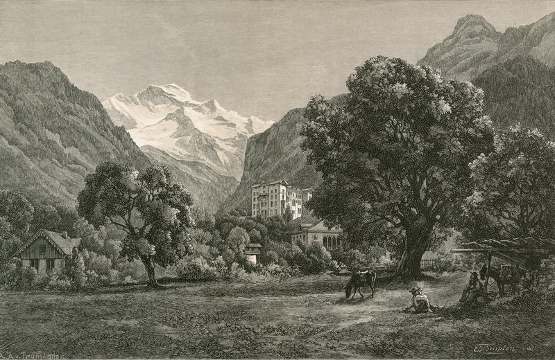 De Jungfrau en de opening van het Lauterbrunnendal, vanaf nabij Interlaken door Swiss School