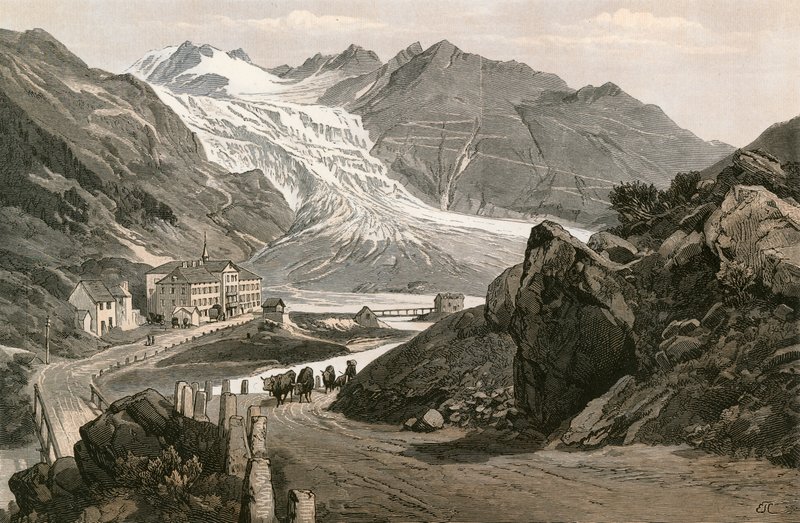 Het onderste deel van de Rhonegletsjer en de weg naar de Furka door Swiss School