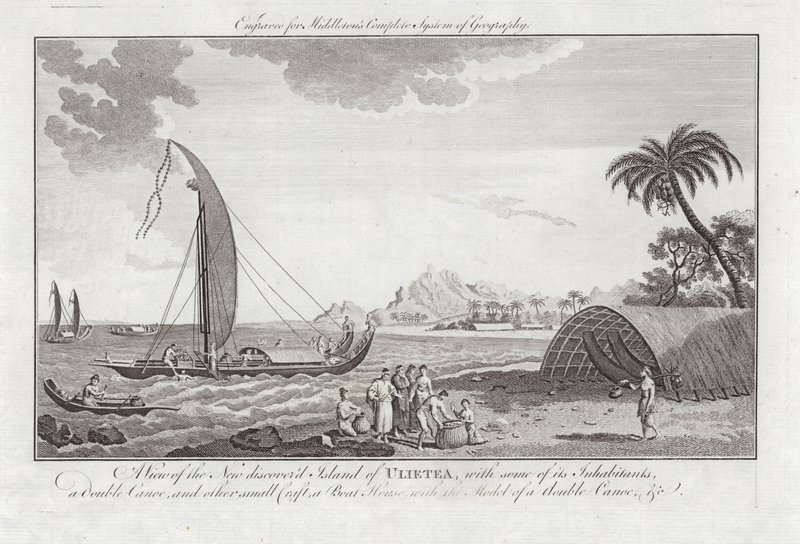 Een Uitzicht op het Nieuw Ontdekte Eiland Ulieta met enkele inwoners door Sydney Parkinson