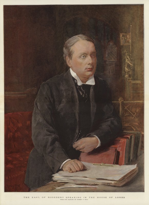 De Graaf van Rosebery spreekt in het Hogerhuis (kleur litho) door Sydney Prior (after) Hall