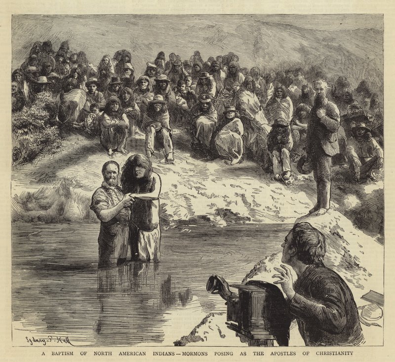 Een doop van Noord-Amerikaanse Indianen, Mormonen die zich voordoen als de apostelen van het christendom door Sydney Prior Hall