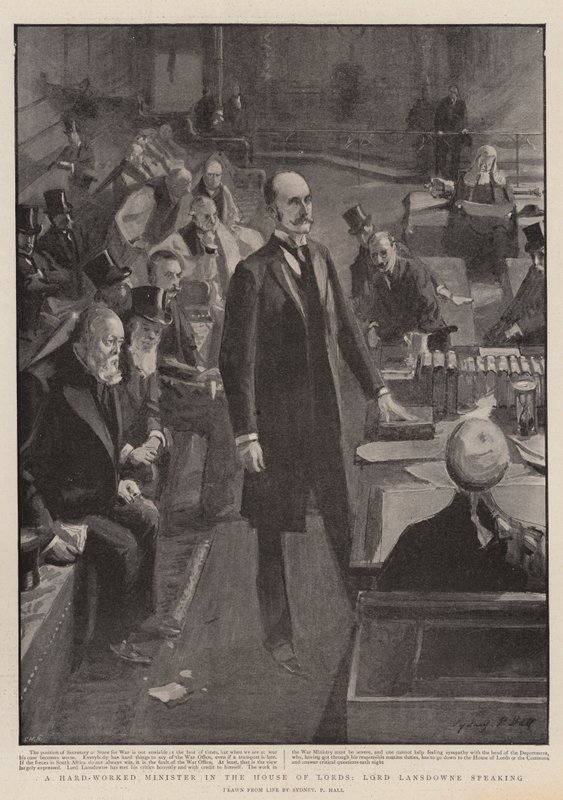 Een hardwerkende minister in het Hogerhuis, Lord Lansdowne spreekt door Sydney Prior Hall