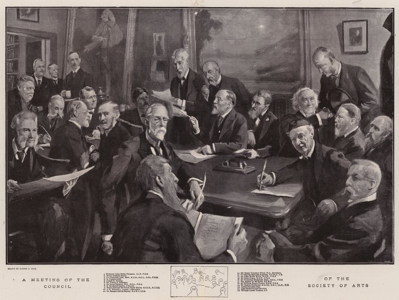 Een Vergadering van de Raad van de Society of Arts door Sydney Prior Hall