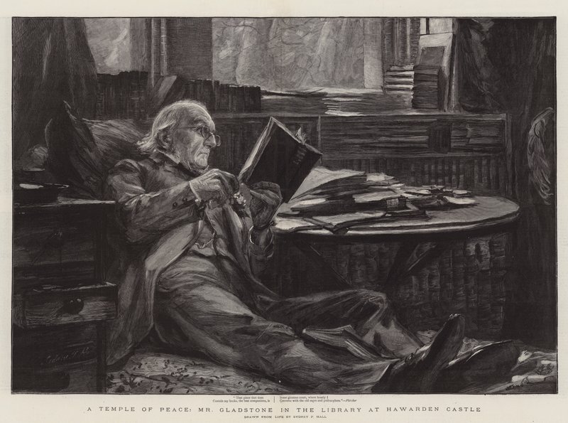 Een Tempel van Vrede, Mr Gladstone in de Bibliotheek van Kasteel Hawarden door Sydney Prior Hall