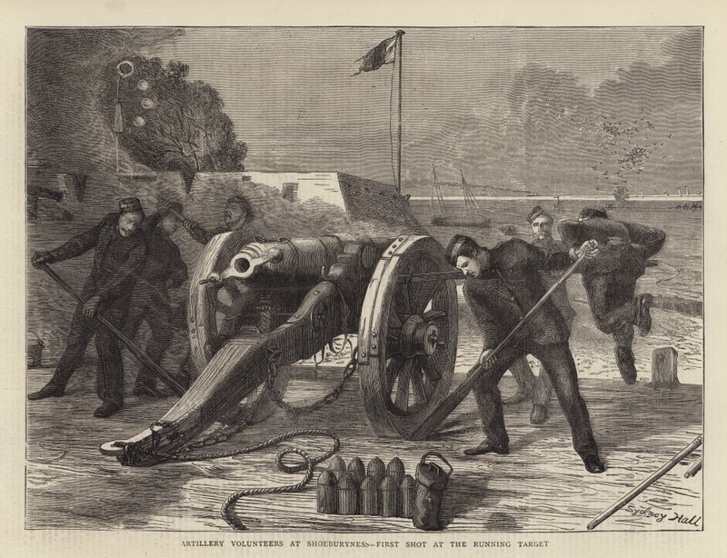 Artillerievrijwilligers bij Shoeburyness, eerste schot op het bewegende doelwit door Sydney Prior Hall