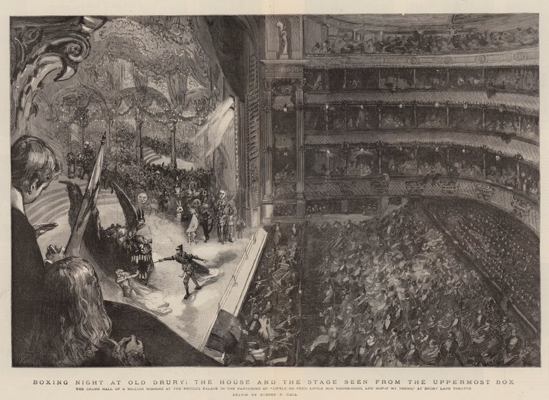 Bokswedstrijdavond in Old Drury, het Huis en het Podium gezien vanuit de Hoogste Loge door Sydney Prior Hall