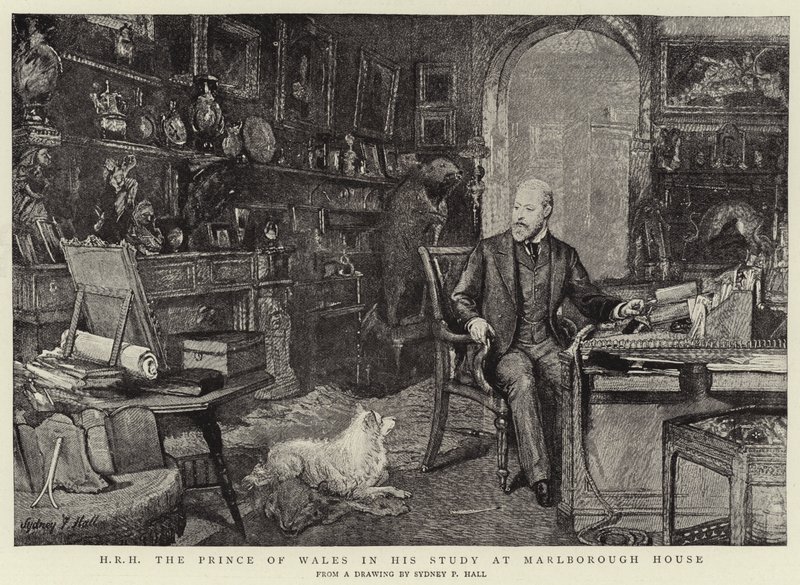 Z.K.H. De Prins van Wales in zijn Studeerkamer in Marlborough House door Sydney Prior Hall