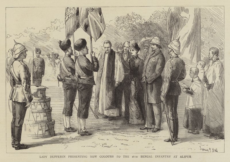 Lady Dufferin presenteert Nieuwe Kleuren aan de 18e Bengal Infanterie in Alipur door Sydney Prior Hall