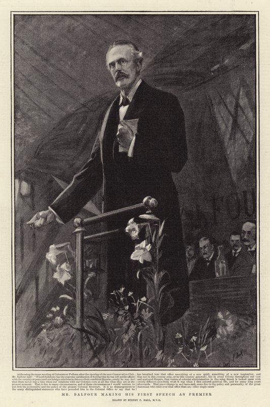 De heer Balfour houdt zijn eerste toespraak als premier door Sydney Prior Hall