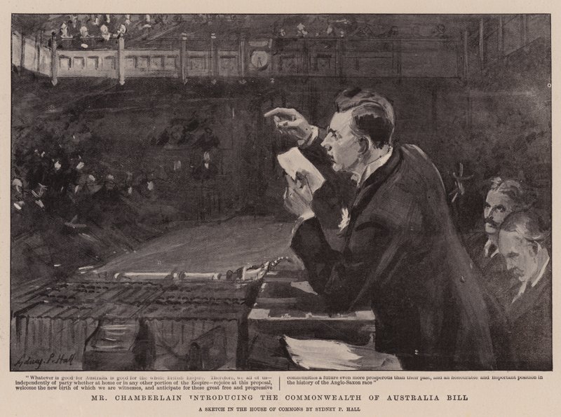 Mr Chamberlain introduceert de Commonwealth of Australia Bill door Sydney Prior Hall