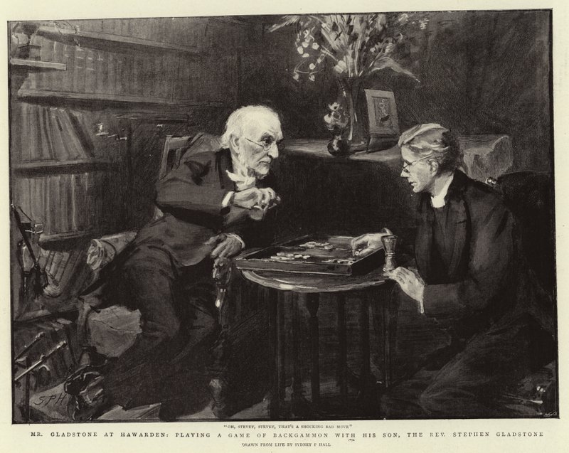 Mr Gladstone in Hawarden, een Potje Backgammon spelend met zijn Zoon, de Eerwaarde Stephen Gladstone door Sydney Prior Hall