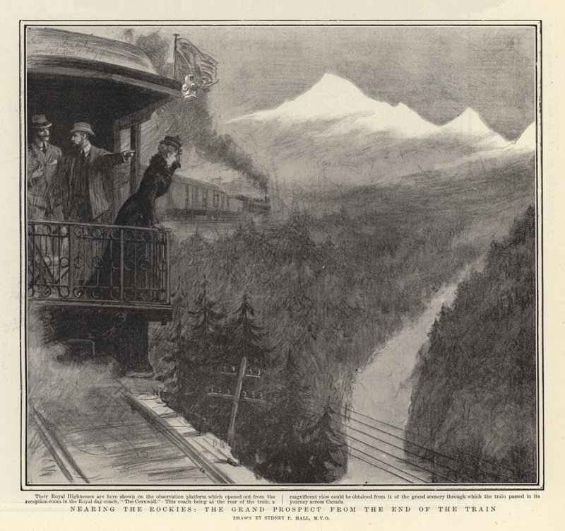 Naderen van de Rockies, het Grote Uitzicht vanaf het Einde van de Trein door Sydney Prior Hall