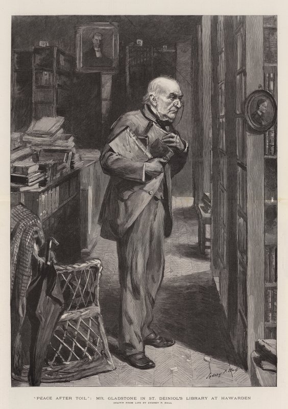 Vrede na arbeid, Mr Gladstone in de bibliotheek van St Deiniol in Hawarden door Sydney Prior Hall