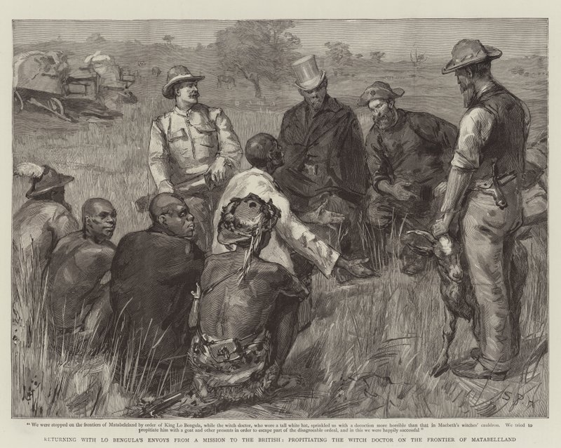 Terugkeer met de gezanten van Lo Bengula van een missie naar de Britten, de heksendokter paaien aan de grens van Matabeleland door Sydney Prior Hall